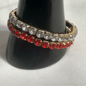 Rhinestone Expansion Bracelets Red & Clear Faceted Prong Set Lots of Sparkle